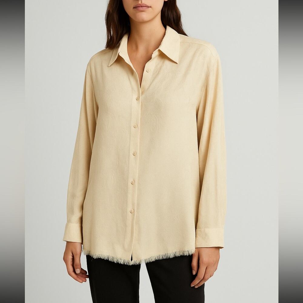 Zara Women’s Paisley Jacquard Button-Up Blouse Shirt Beige Cream Fringe Boho XL